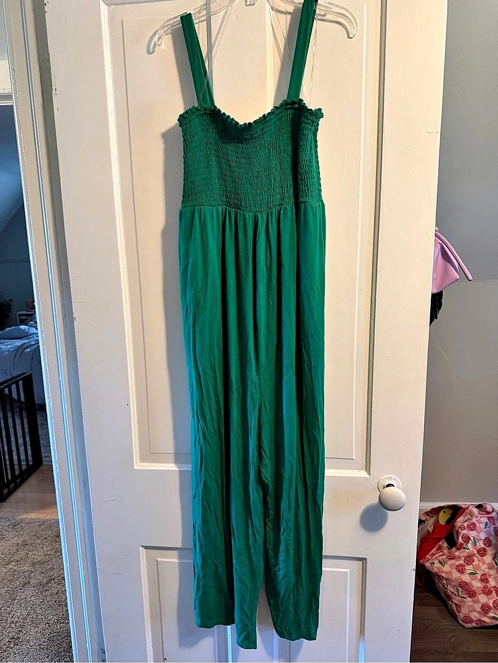 Smocked Wide-Leg Jumpsuit in Green size medium